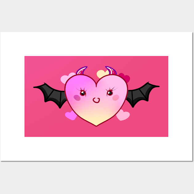 Demonic heart with bat wings Wall Art by Demonic cute cat